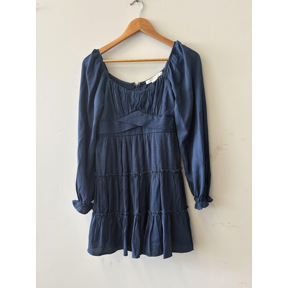 Altar'd State Dress Womens S Blue Long Sleeve Ruffle Tiered Swing Boho Mini